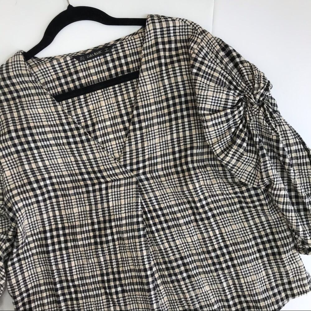 ZARA Check Puff Sleeve Peasant Blouse